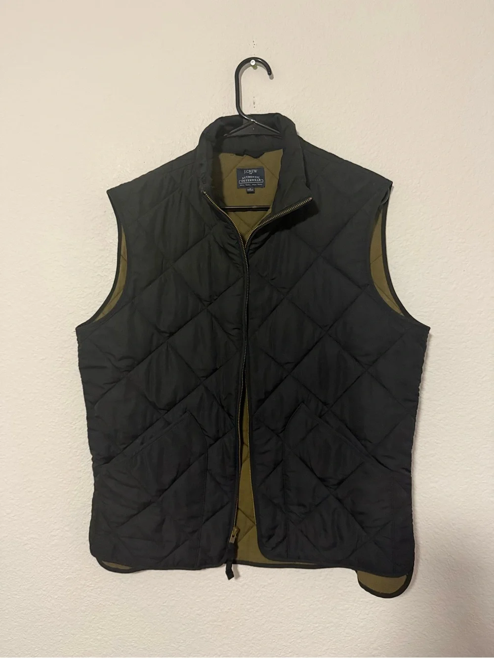 J. Crew Factory Black Quilted Vest with Olive Reversible Lining